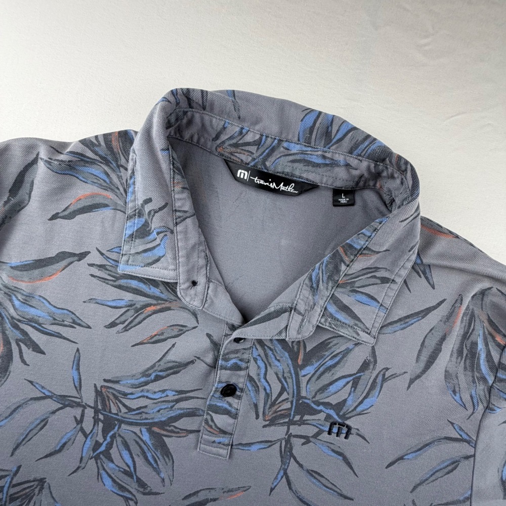 Travis Mathew Polo Mens L Gray Blue Tropical Leaf Print Terradyne Golf Logo 0299
